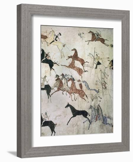 Painting on hide depicting a horse-stealing raid, Native American, Plains Indian, c1880-Werner Forman-Framed Photographic Print