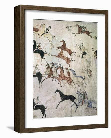 Painting on hide depicting a horse-stealing raid, Native American, Plains Indian, c1880-Werner Forman-Framed Photographic Print