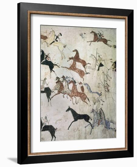 Painting on hide depicting a horse-stealing raid, Native American, Plains Indian, c1880-Werner Forman-Framed Photographic Print
