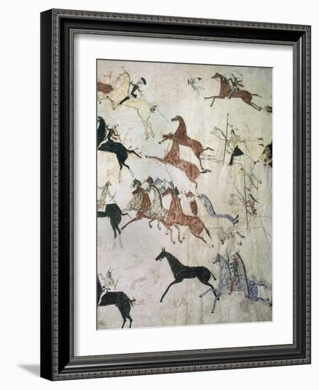 Painting on hide depicting a horse-stealing raid, Native American, Plains Indian, c1880-Werner Forman-Framed Photographic Print