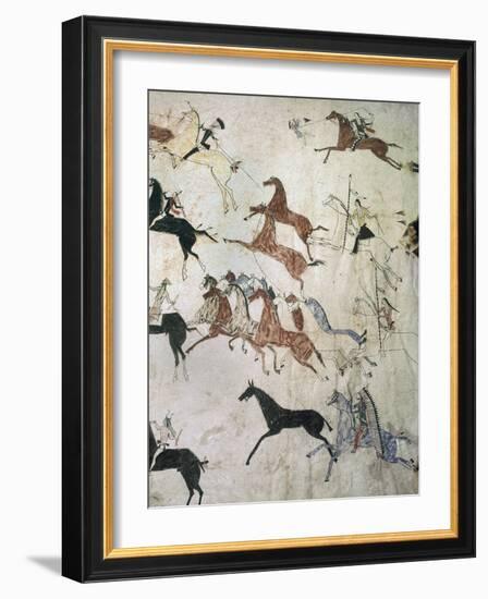 Painting on hide depicting a horse-stealing raid, Native American, Plains Indian, c1880-Werner Forman-Framed Photographic Print