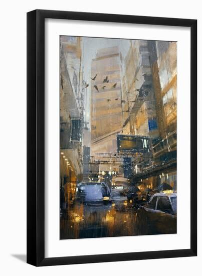 Painting Showing Rainy Day in City Traffic,Illustration-Tithi Luadthong-Framed Art Print