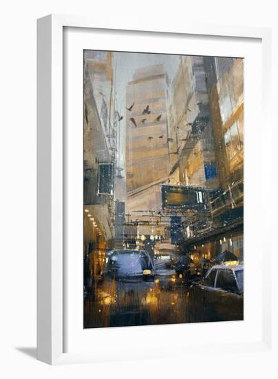 Painting Showing Rainy Day in City Traffic,Illustration-Tithi Luadthong-Framed Art Print