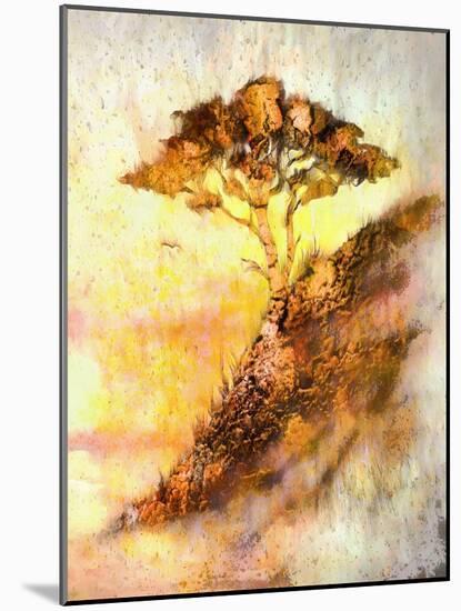 Painting Sunset, Sea and Tree, Wallpaper Landscape, Color Collage. and Abstract Grunge Background W-Jozef Klopacka-Mounted Art Print