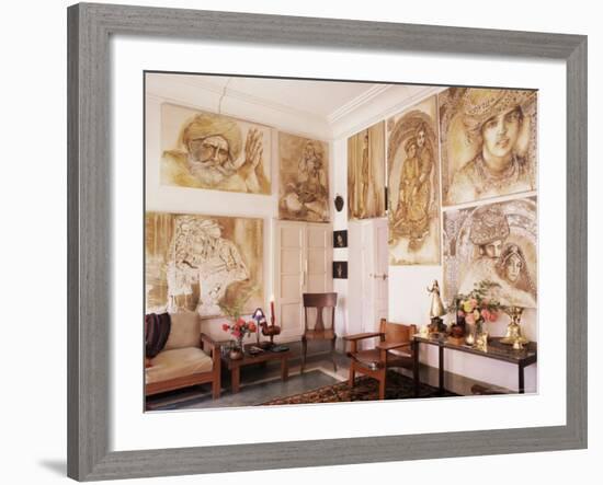 Paintings by Jaya Rastogi Wheaton, in Artist's House in Jaipur, India-John Henry Claude Wilson-Framed Photographic Print