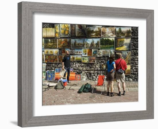 Paintings Displayed on the Old City Walls Near Florians's Gate, Krakow (Cracow), Poland-R H Productions-Framed Photographic Print