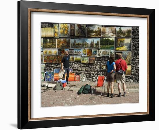 Paintings Displayed on the Old City Walls Near Florians's Gate, Krakow (Cracow), Poland-R H Productions-Framed Photographic Print