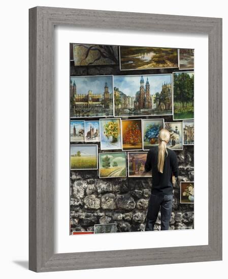 Paintings Displayed on the Old City Walls Near Florians's Gate, Krakow (Cracow), Poland-R H Productions-Framed Photographic Print