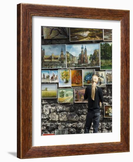 Paintings Displayed on the Old City Walls Near Florians's Gate, Krakow (Cracow), Poland-R H Productions-Framed Photographic Print