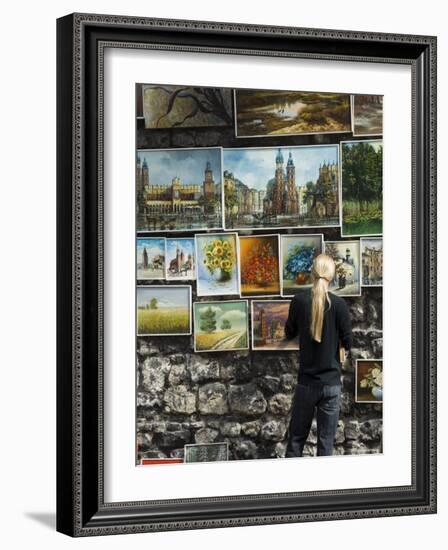 Paintings Displayed on the Old City Walls Near Florians's Gate, Krakow (Cracow), Poland-R H Productions-Framed Photographic Print