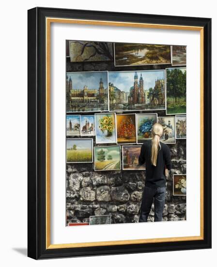 Paintings Displayed on the Old City Walls Near Florians's Gate, Krakow (Cracow), Poland-R H Productions-Framed Photographic Print