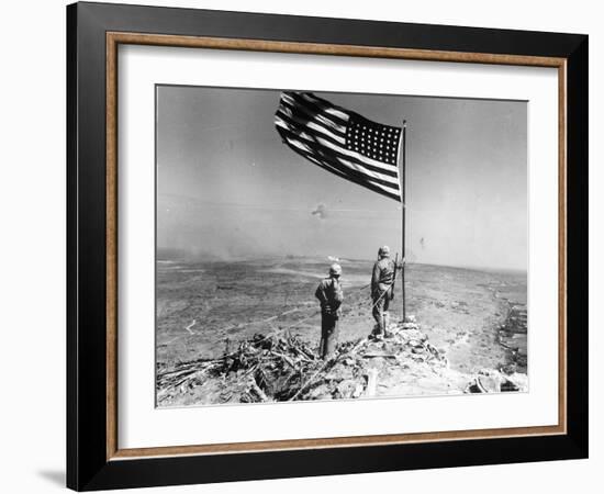 Pair of American Marines Survey View from Atop Mt. Suribachi Two Days After the Famous Flag Raising-null-Framed Photographic Print