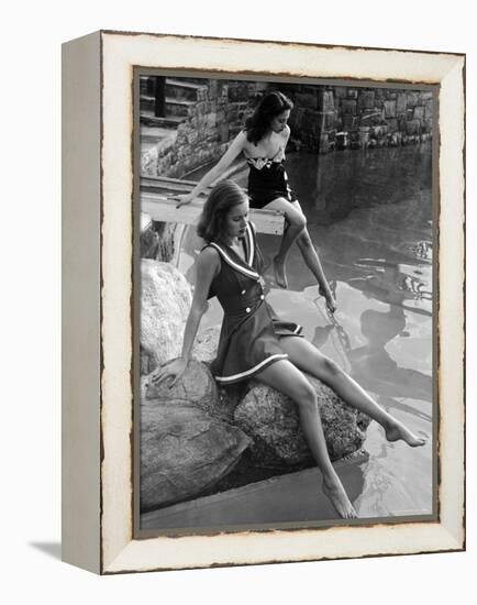 Pair of Models Showing Off New Bathing Suits on the Banks of the River-Nina Leen-Framed Premier Image Canvas