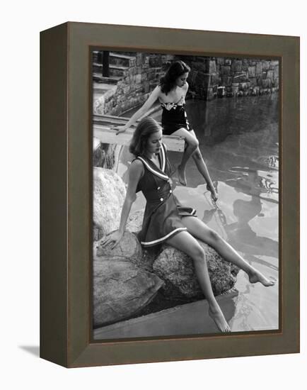 Pair of Models Showing Off New Bathing Suits on the Banks of the River-Nina Leen-Framed Premier Image Canvas