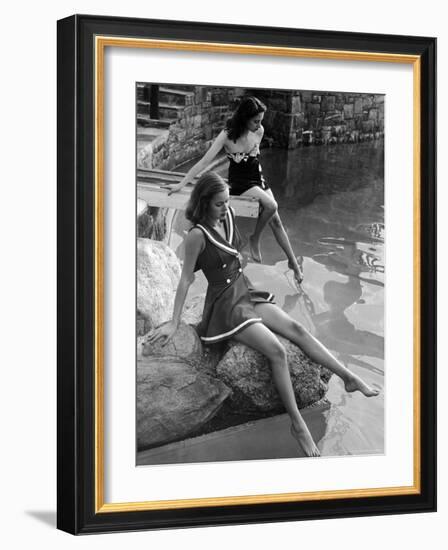 Pair of Models Showing Off New Bathing Suits on the Banks of the River-Nina Leen-Framed Photographic Print