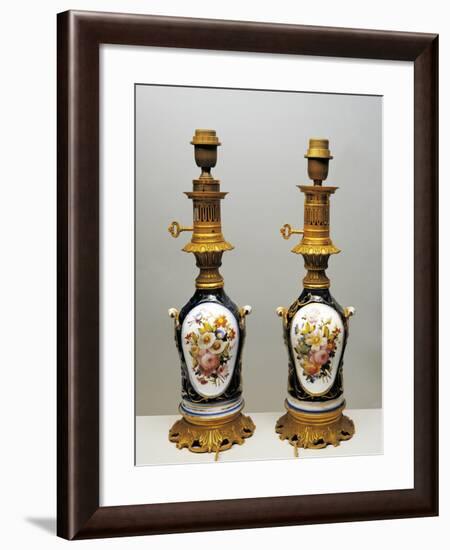 Pair of Oil Lamps Decorated with Still Life and Wild Animals-null-Framed Giclee Print