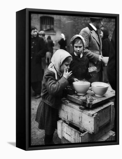 Pair of Russian Children Having a Meal of Molasses Bread and Coffee in a Displaced Persons Camp-null-Framed Premier Image Canvas