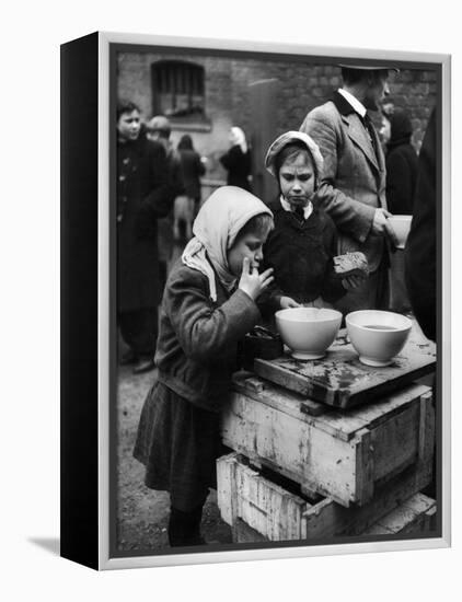 Pair of Russian Children Having a Meal of Molasses Bread and Coffee in a Displaced Persons Camp-null-Framed Premier Image Canvas