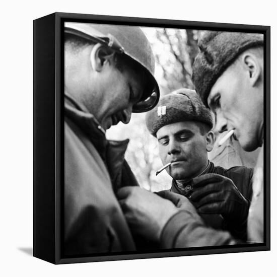 Pair of Russian Soldiers Exchanging Insignia with an American Army Captain-John Florea-Framed Premier Image Canvas