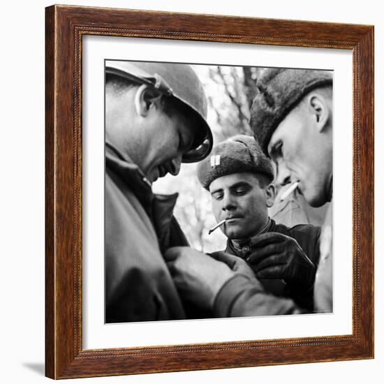 Pair of Russian Soldiers Exchanging Insignia with an American Army Captain-John Florea-Framed Photographic Print