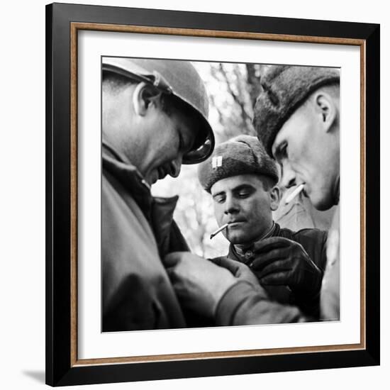 Pair of Russian Soldiers Exchanging Insignia with an American Army Captain-John Florea-Framed Photographic Print