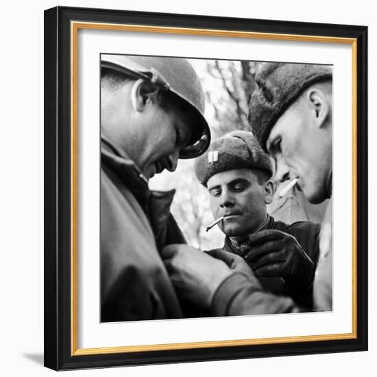 Pair of Russian Soldiers Exchanging Insignia with an American Army Captain-John Florea-Framed Photographic Print