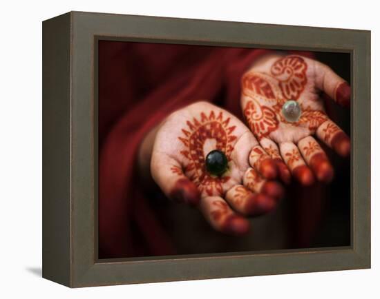 Pakistani Girl Displays Her Hands Painted with Henna Paste-null-Framed Premier Image Canvas