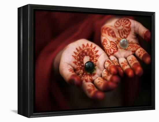Pakistani Girl Displays Her Hands Painted with Henna Paste-null-Framed Premier Image Canvas