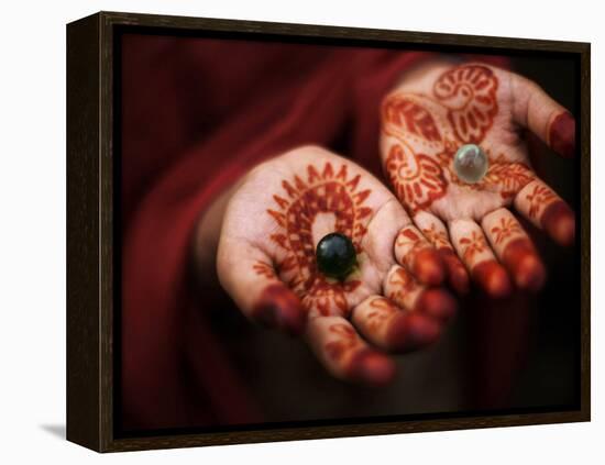 Pakistani Girl Displays Her Hands Painted with Henna Paste-null-Framed Premier Image Canvas
