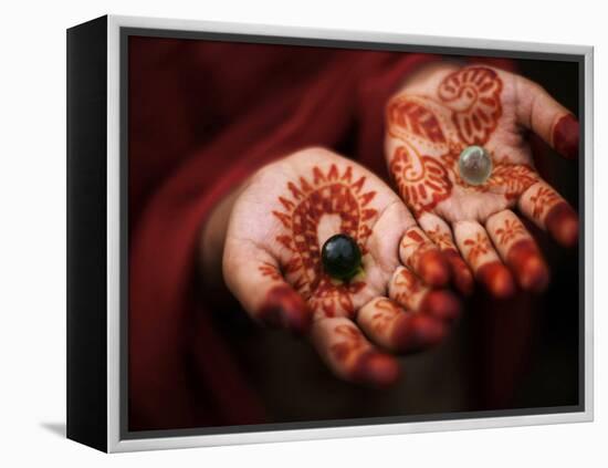 Pakistani Girl Displays Her Hands Painted with Henna Paste-null-Framed Premier Image Canvas