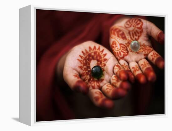 Pakistani Girl Displays Her Hands Painted with Henna Paste-null-Framed Premier Image Canvas