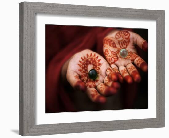 Pakistani Girl Displays Her Hands Painted with Henna Paste-null-Framed Premium Photographic Print