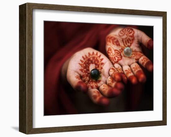 Pakistani Girl Displays Her Hands Painted with Henna Paste-null-Framed Premium Photographic Print