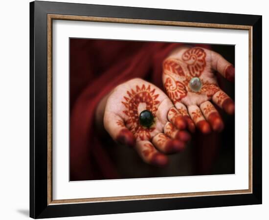 Pakistani Girl Displays Her Hands Painted with Henna Paste-null-Framed Premium Photographic Print