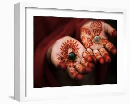 Pakistani Girl Displays Her Hands Painted with Henna Paste-null-Framed Premium Photographic Print