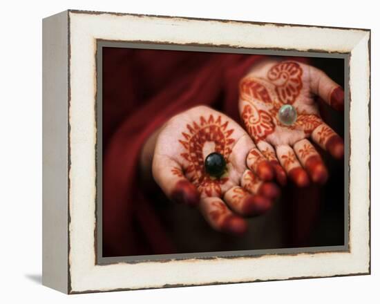 Pakistani Girl Displays Her Hands Painted with Henna Paste-null-Framed Premier Image Canvas