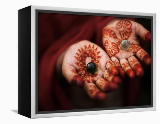 Pakistani Girl Displays Her Hands Painted with Henna Paste-null-Framed Premier Image Canvas