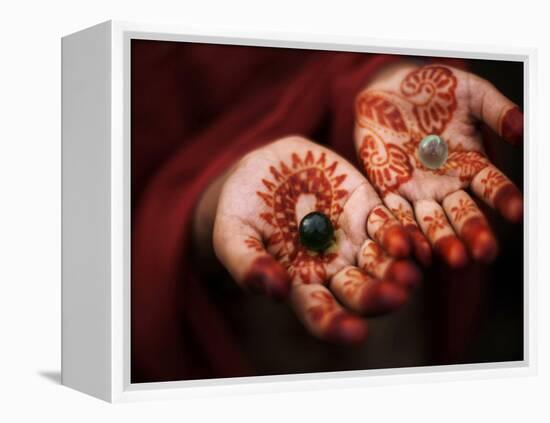 Pakistani Girl Displays Her Hands Painted with Henna Paste-null-Framed Premier Image Canvas