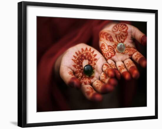 Pakistani Girl Displays Her Hands Painted with Henna Paste-null-Framed Photographic Print