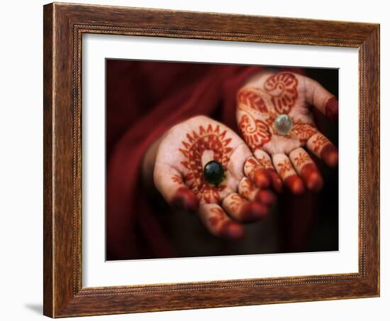 Pakistani Girl Displays Her Hands Painted with Henna Paste-null-Framed Photographic Print