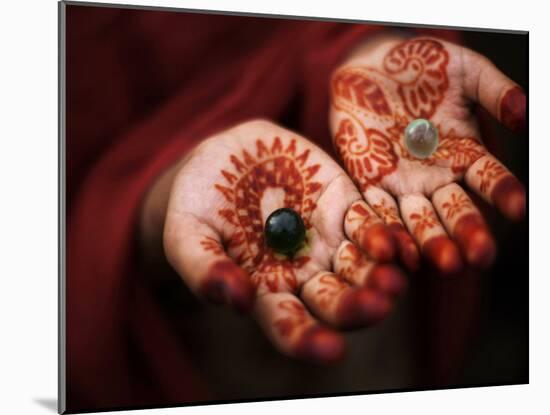 Pakistani Girl Displays Her Hands Painted with Henna Paste-null-Mounted Photographic Print