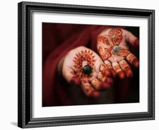 Pakistani Girl Displays Her Hands Painted with Henna Paste-null-Framed Photographic Print