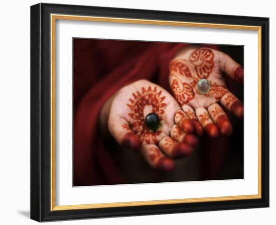 Pakistani Girl Displays Her Hands Painted with Henna Paste-null-Framed Photographic Print