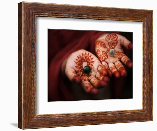 Pakistani Girl Displays Her Hands Painted with Henna Paste-null-Framed Photographic Print