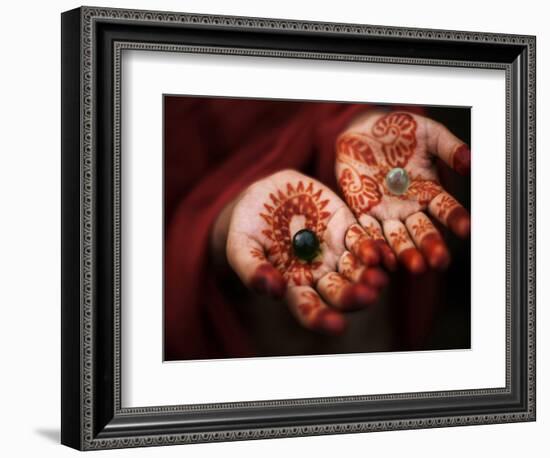 Pakistani Girl Displays Her Hands Painted with Henna Paste-null-Framed Photographic Print