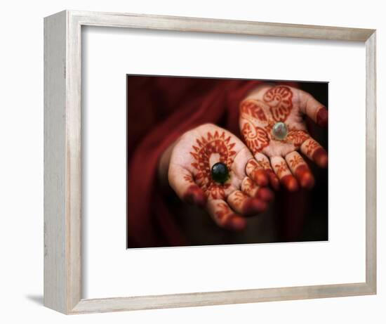 Pakistani Girl Displays Her Hands Painted with Henna Paste-null-Framed Photographic Print