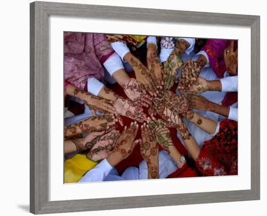 Pakistani Girls Display their Hands Decorated with Mehndi or Henna-null-Framed Photographic Print