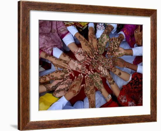 Pakistani Girls Display their Hands Decorated with Mehndi or Henna-null-Framed Photographic Print