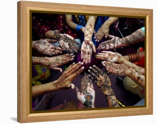 Pakistani Girls Show Their Hands Painted with Henna Ahead of the Muslim Festival of Eid-Al-Fitr-Khalid Tanveer-Framed Premier Image Canvas