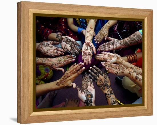 Pakistani Girls Show Their Hands Painted with Henna Ahead of the Muslim Festival of Eid-Al-Fitr-Khalid Tanveer-Framed Premier Image Canvas